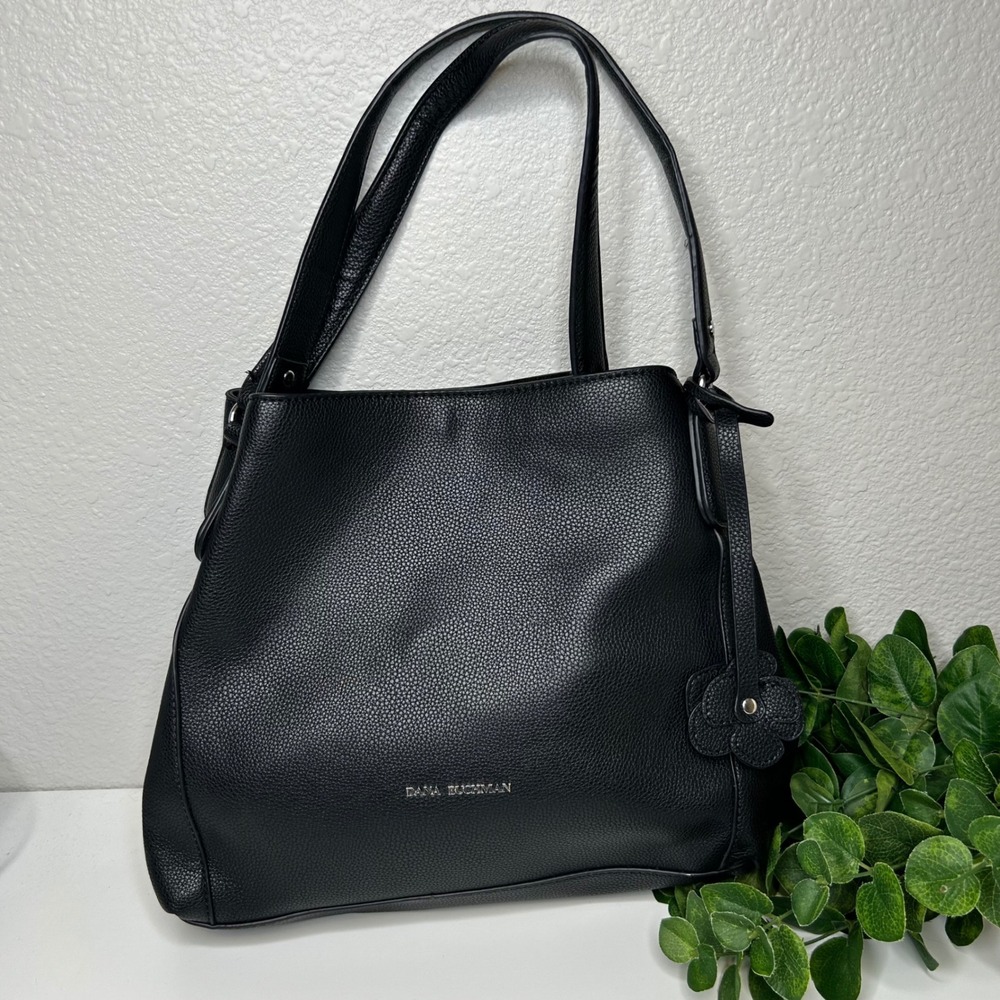 Dana Buchman Black Faux Leather Shoulder Bag Tote Handbag Purse Flower